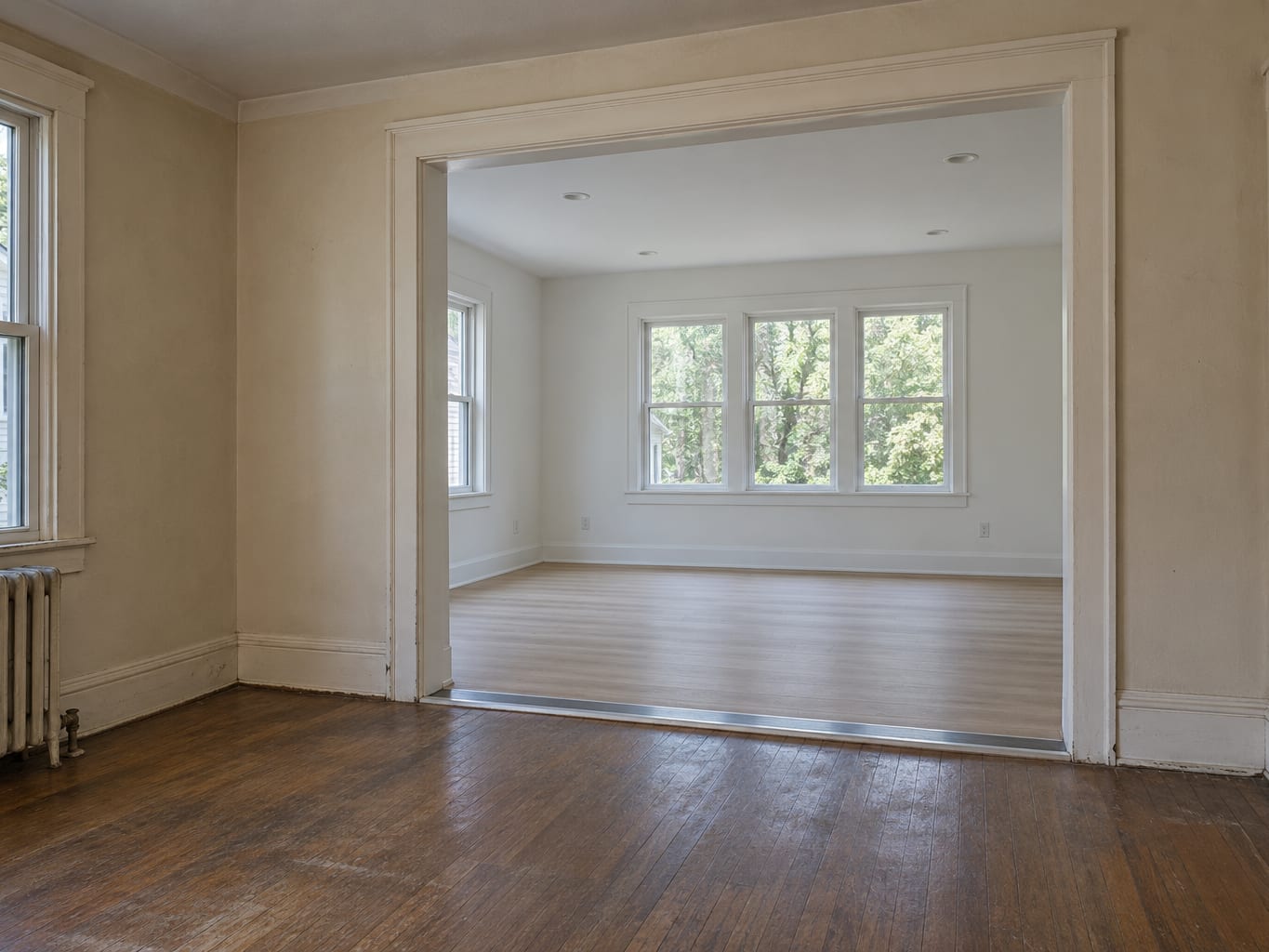 A New Jersey home interior where a wide opening leads from an older room into a newly built addition, with new trim and a slightly different floor level at the threshold