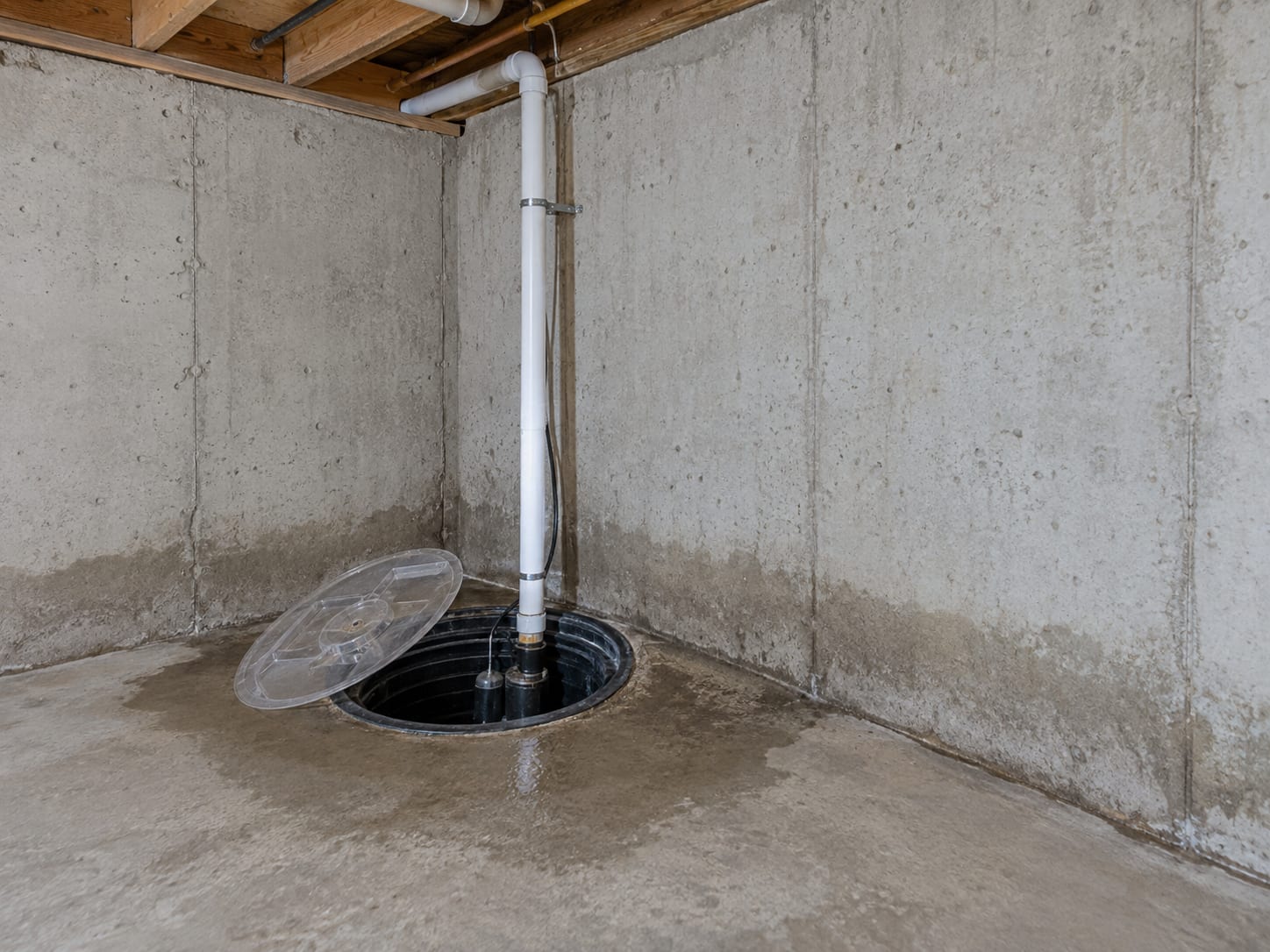 A lidded sump pit set in the concrete floor beside the poured foundation wall of a Bridgewater, New Jersey basement, with a faint damp band low on the wall