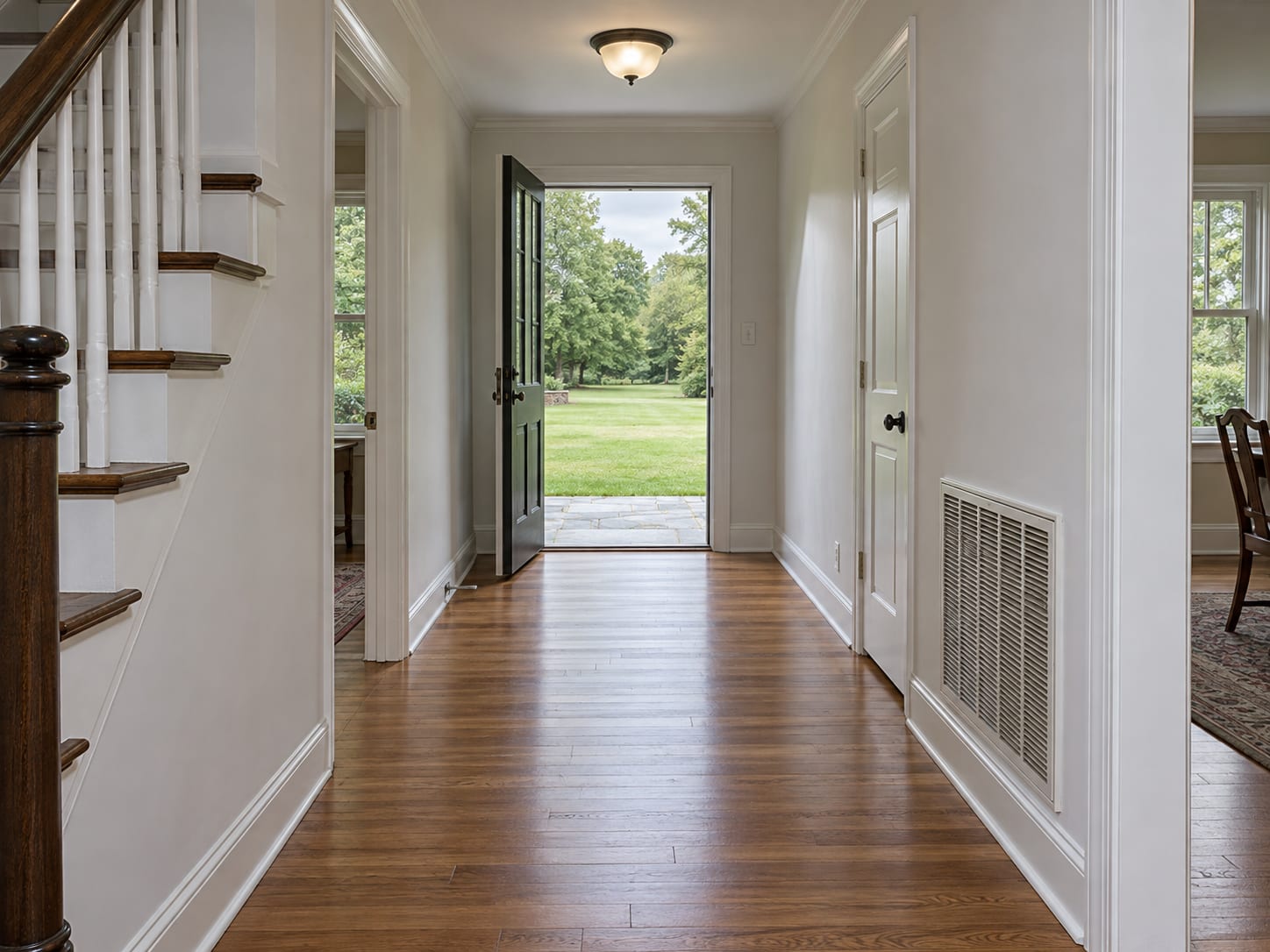 A hallway inside a Bridgewater, New Jersey colonial home with a wall return-air grille, looking through an open back door to a lawn and mature deciduous trees