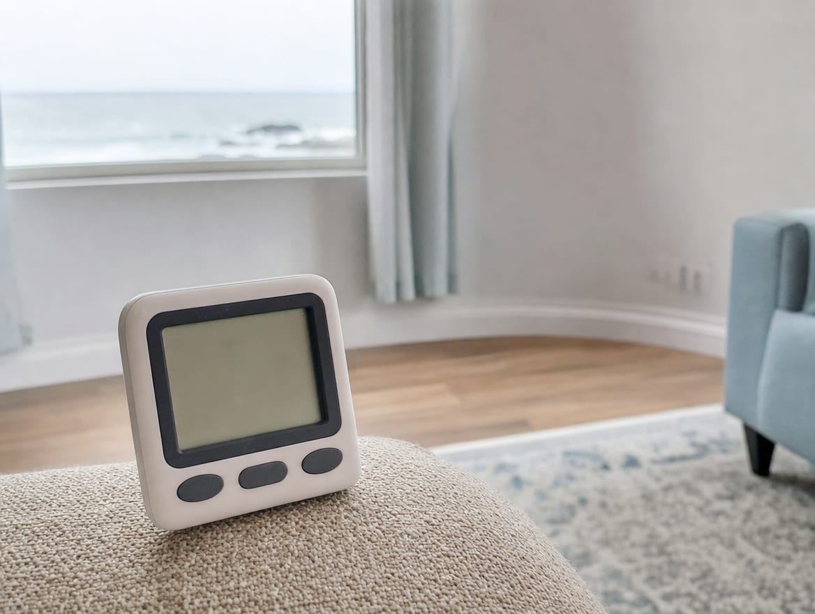 A handheld humidity gauge held up in a reopened Deal home to check the indoor relative humidity before deciding whether to sample the air