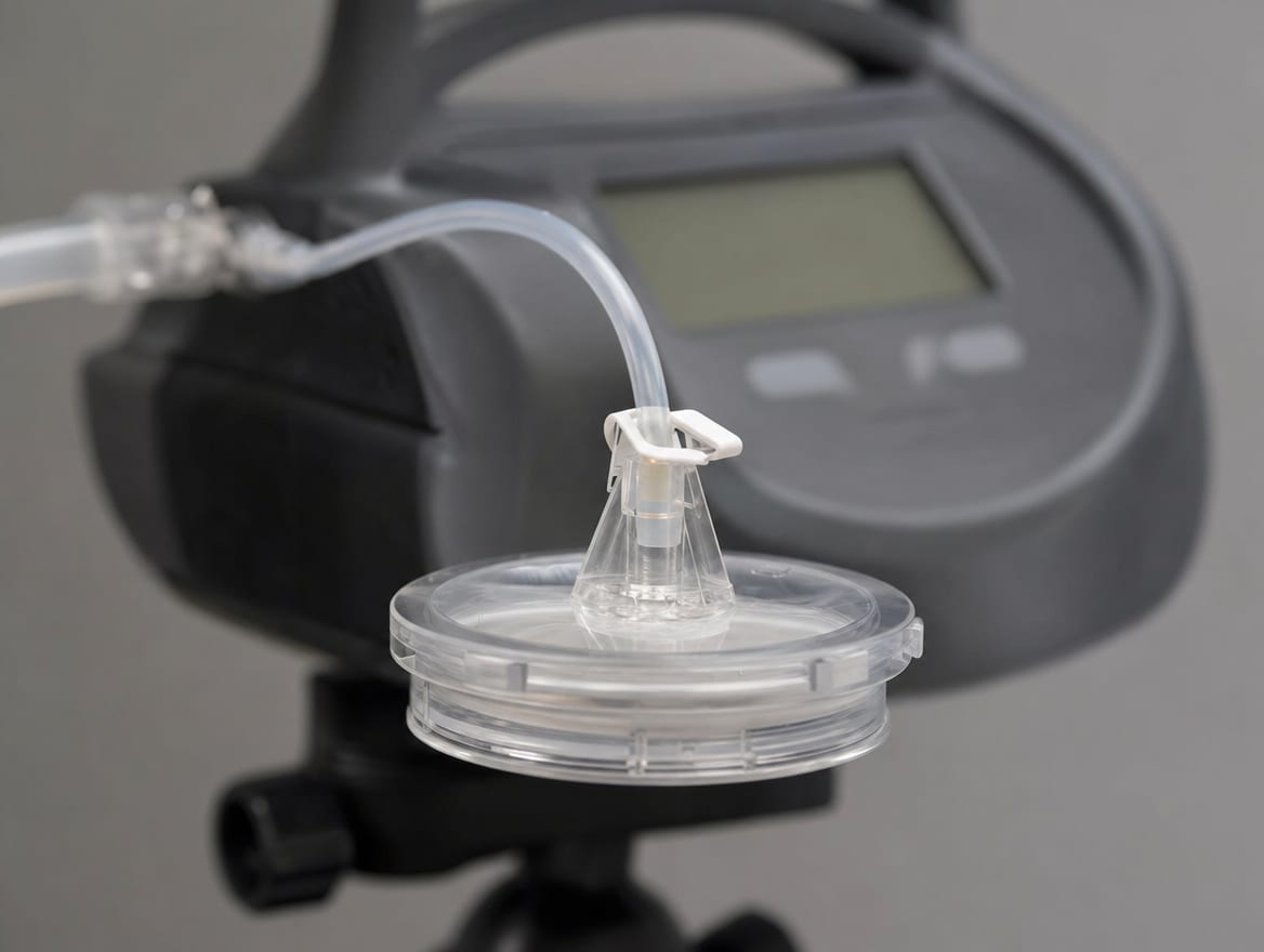 A close view of a spore-trap air cassette mounted on the sampling pump inlet in a Deal home, the device that captures an air sample for the lab
