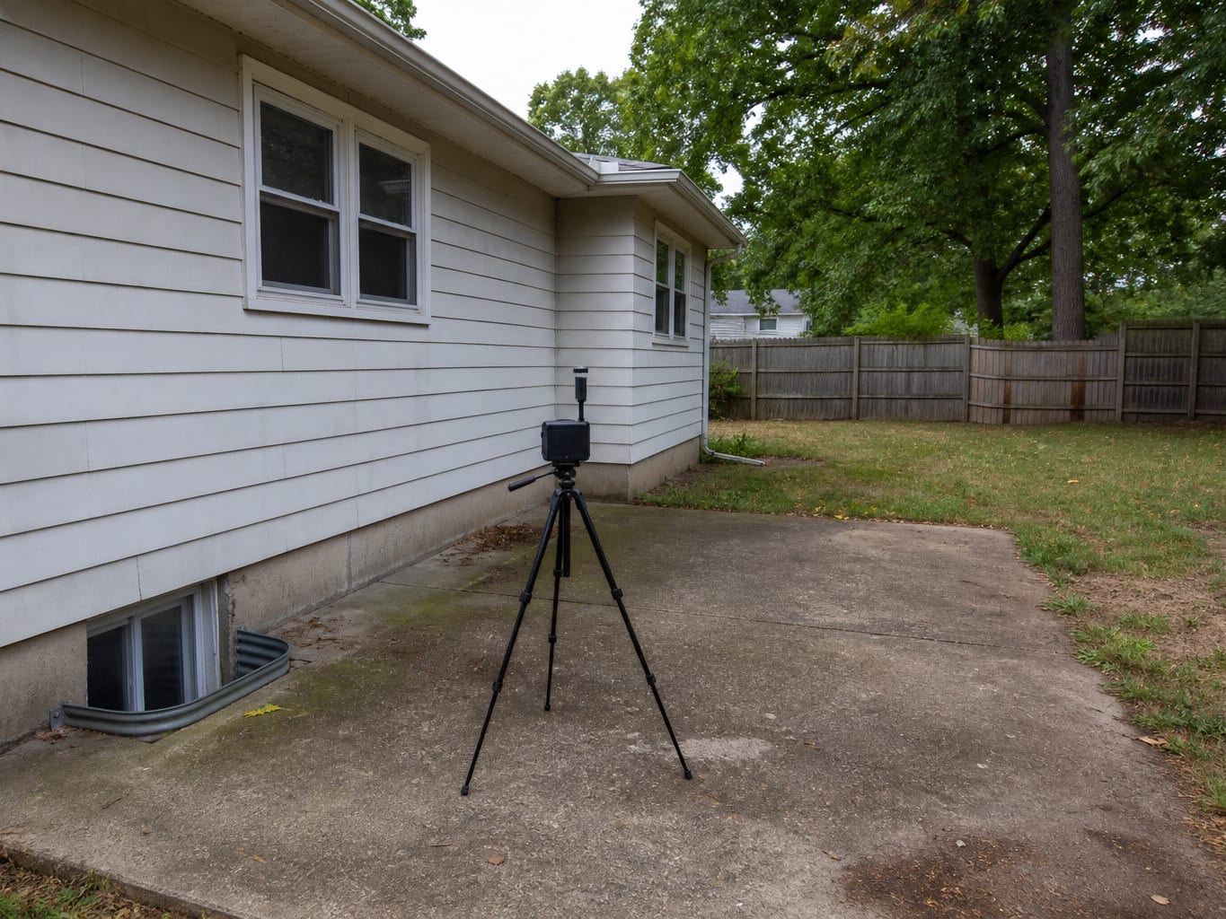 A sampling pump on a tripod set on the rear patio of a mid-century Livingston ranch house, collecting the outdoor reference sample that indoor results are compared against
