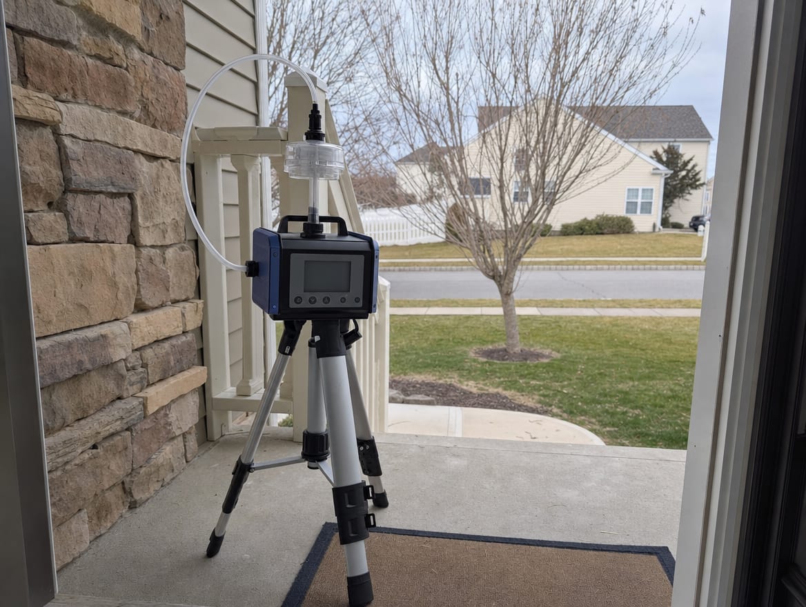 An air-sampling pump on a tripod just outside a Princeton Junction home taking an outdoor baseline sample to compare against the indoor zones