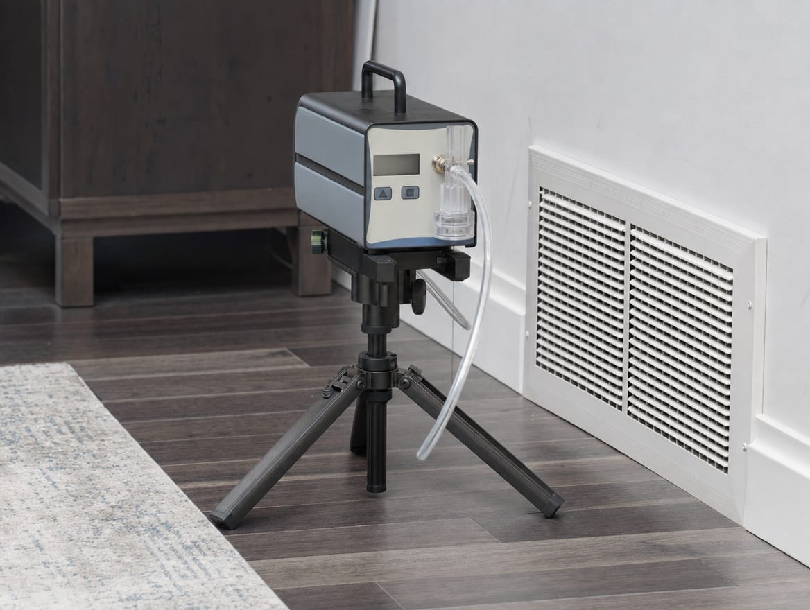 An air-sampling pump positioned near an HVAC return register in a Princeton Junction home to sample a specific air zone