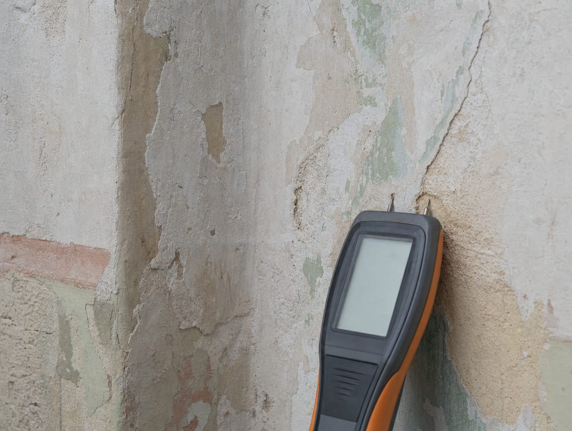 A moisture meter pressed to an old plaster wall in a Princeton home, the moisture assessment that comes before any air sampling