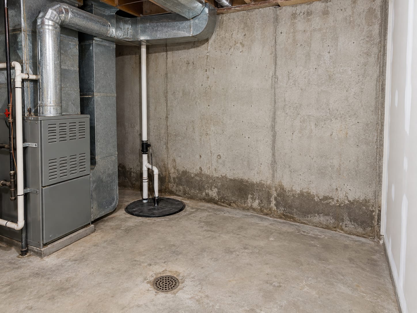 Basement mechanical area in a Robbinsville, New Jersey house with a furnace, a lidded sump pit and a damp darker band at the base of a poured concrete wall