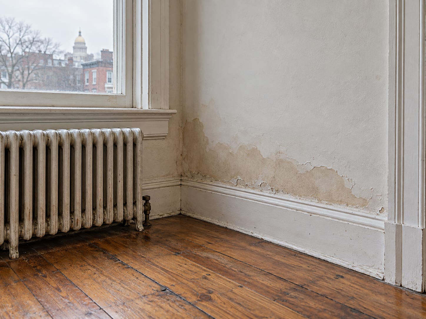 A plaster wall beneath a tall window in a Trenton, New Jersey rowhouse room, with a faint damp stain low on the wall above a radiator