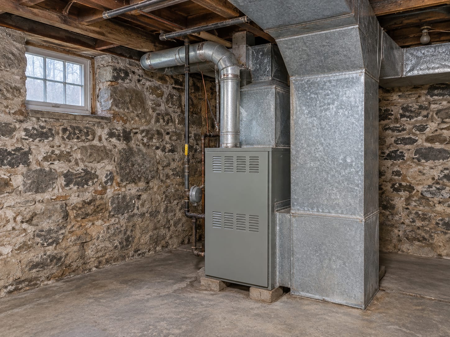 A stone-walled cellar in a Trenton, New Jersey rowhouse with a metal duct trunk and a return-air drop running along the joists