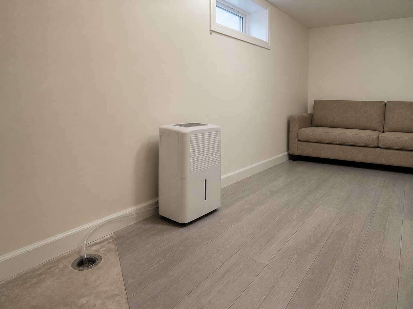 A portable dehumidifier standing on the floor of a closed finished lower level with a condensate hose run to a floor drain, in Warren, New Jersey