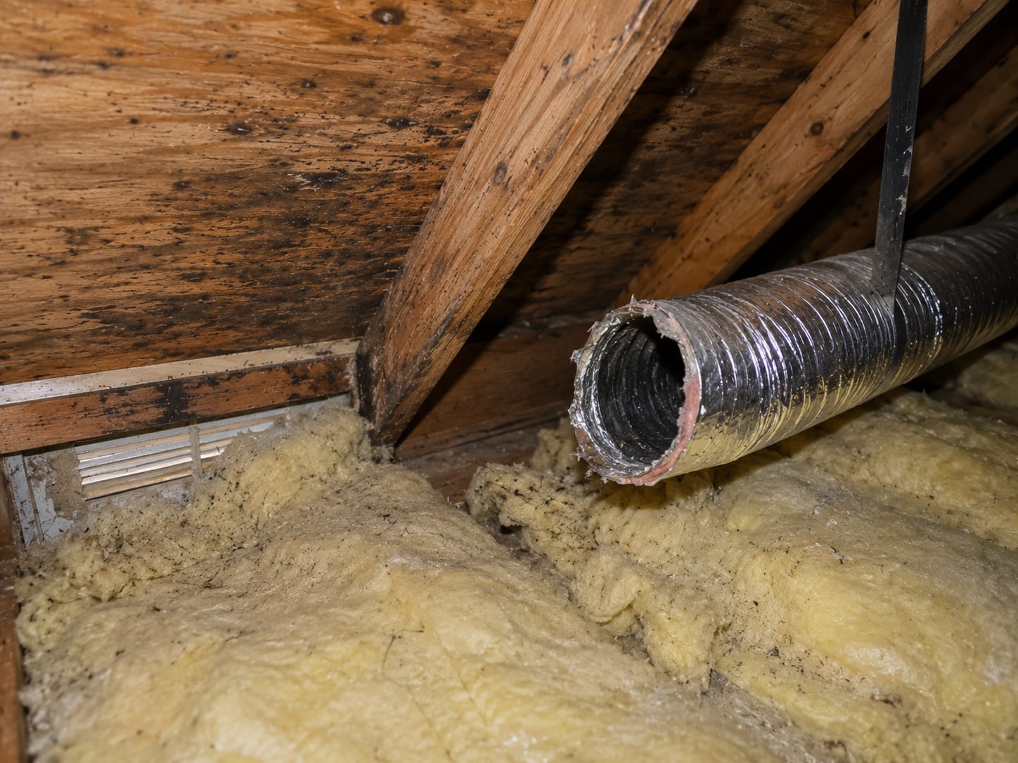 Flexible bathroom exhaust duct terminating inside an attic instead of venting outdoors, beside a blocked soffit vent