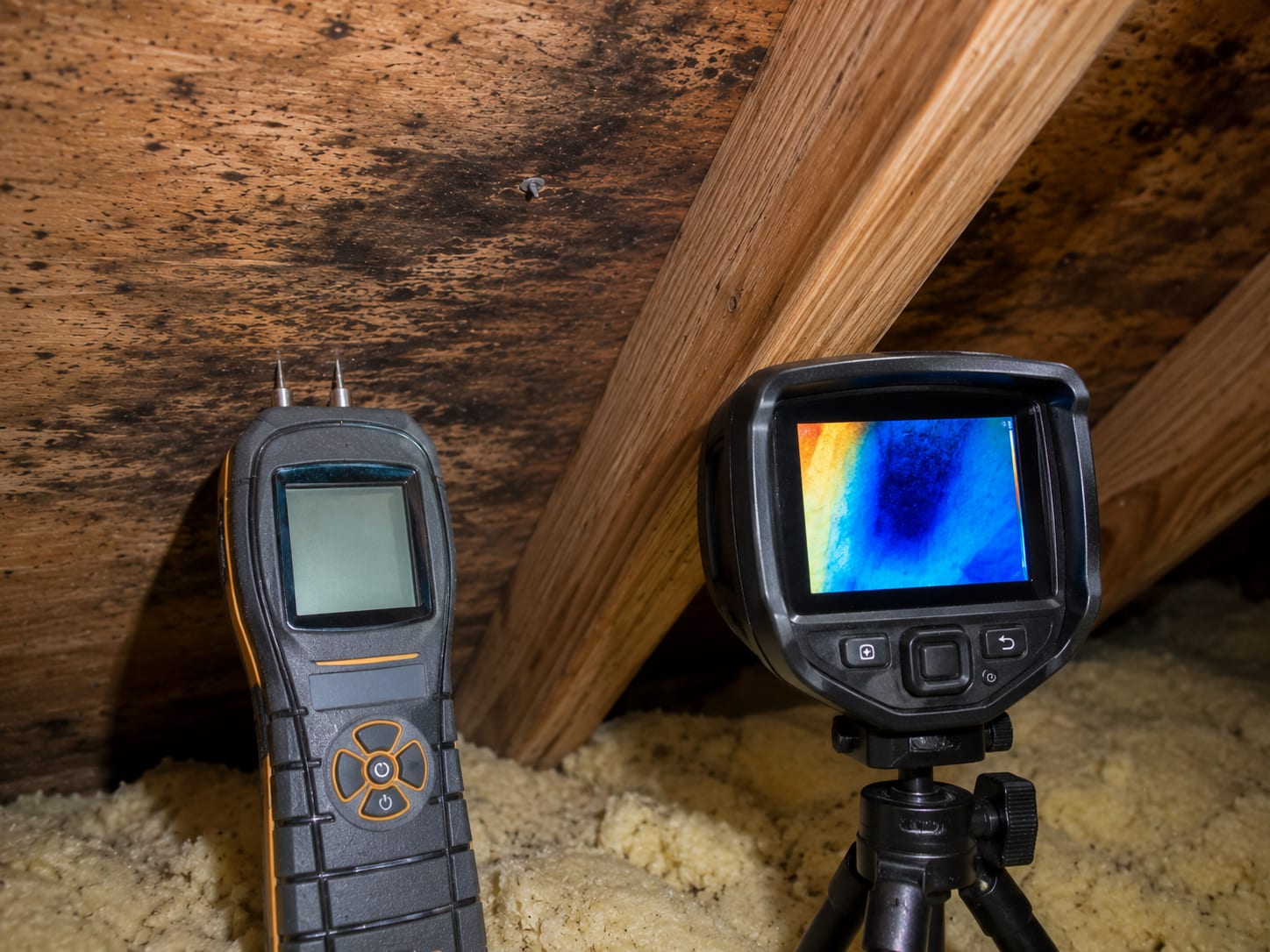 Moisture meter pressed to attic roof decking beside a thermal imaging camera showing a cool moisture plume