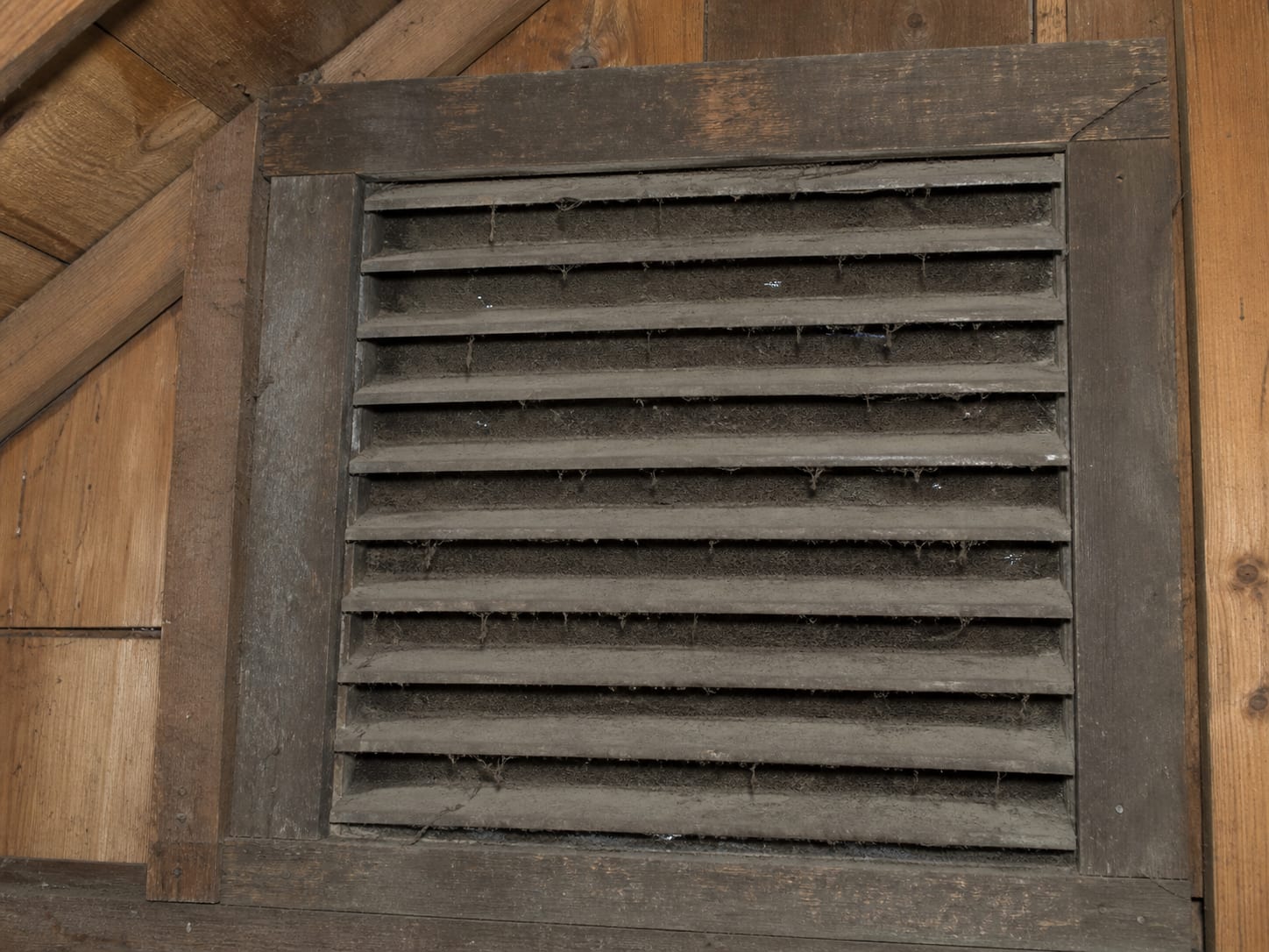A wooden gable louvre seen from inside an attic, its insect screen matted solid with dust, lint and cobweb so that almost no daylight passes through, in Alpine, New Jersey
