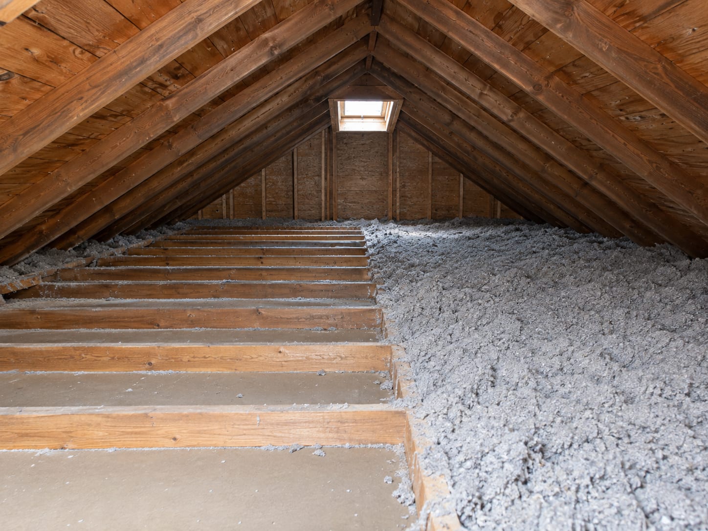 A Bridgewater, New Jersey attic with a section of insulation removed to bare ceiling joists and dry clean roof boards above, near the hatch opening