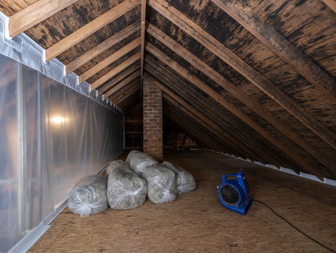 A Deal attic mid-remediation, mold-darkened roof sheathing being HEPA-cleaned under containment with old insulation removed between the rafters and drying equipment running