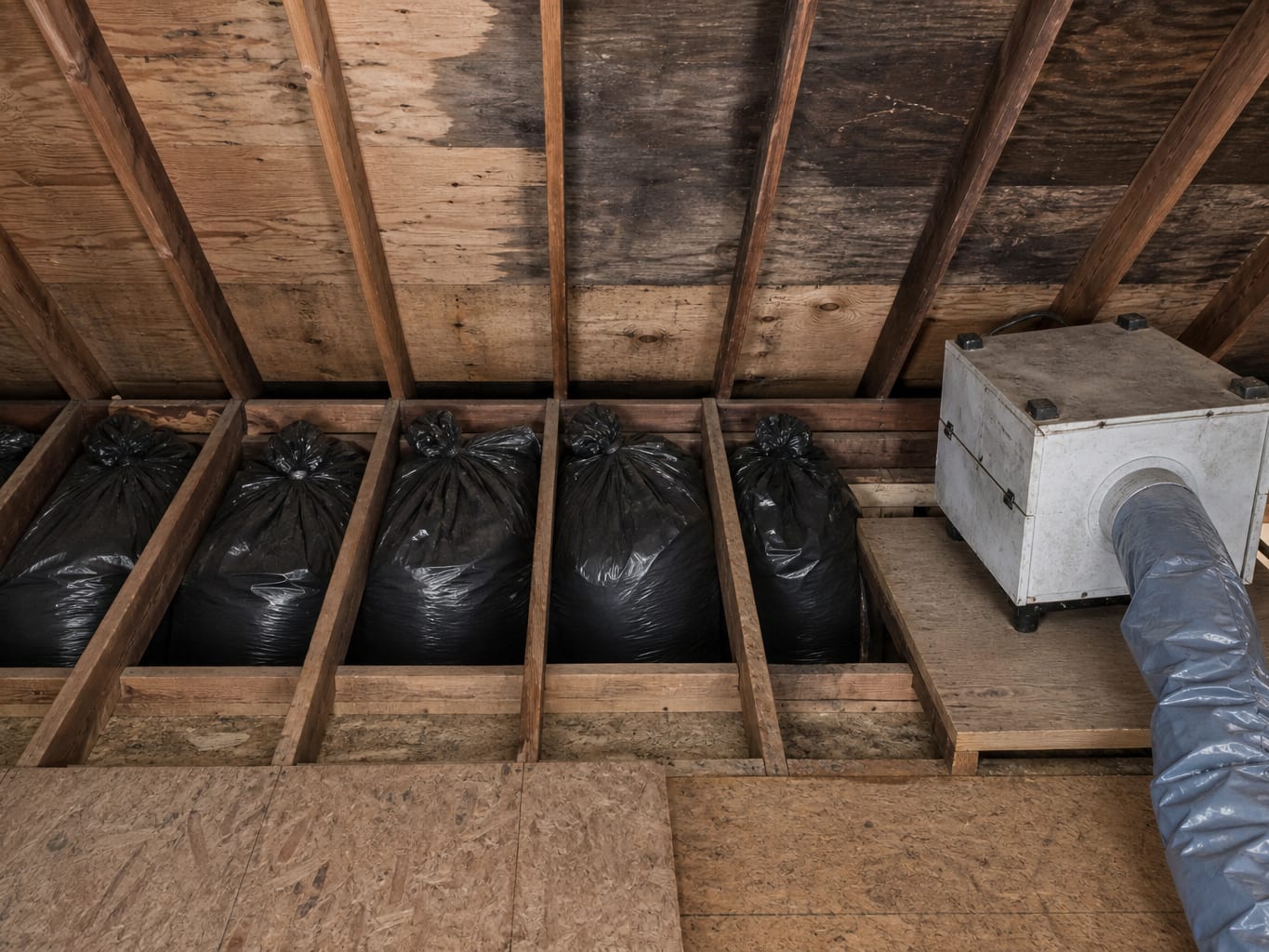 A Livingston attic during remediation with a HEPA air scrubber and layflat ducting running toward the hatch, removed insulation sealed in bags along the joists, and part of the sheathing already cleaned