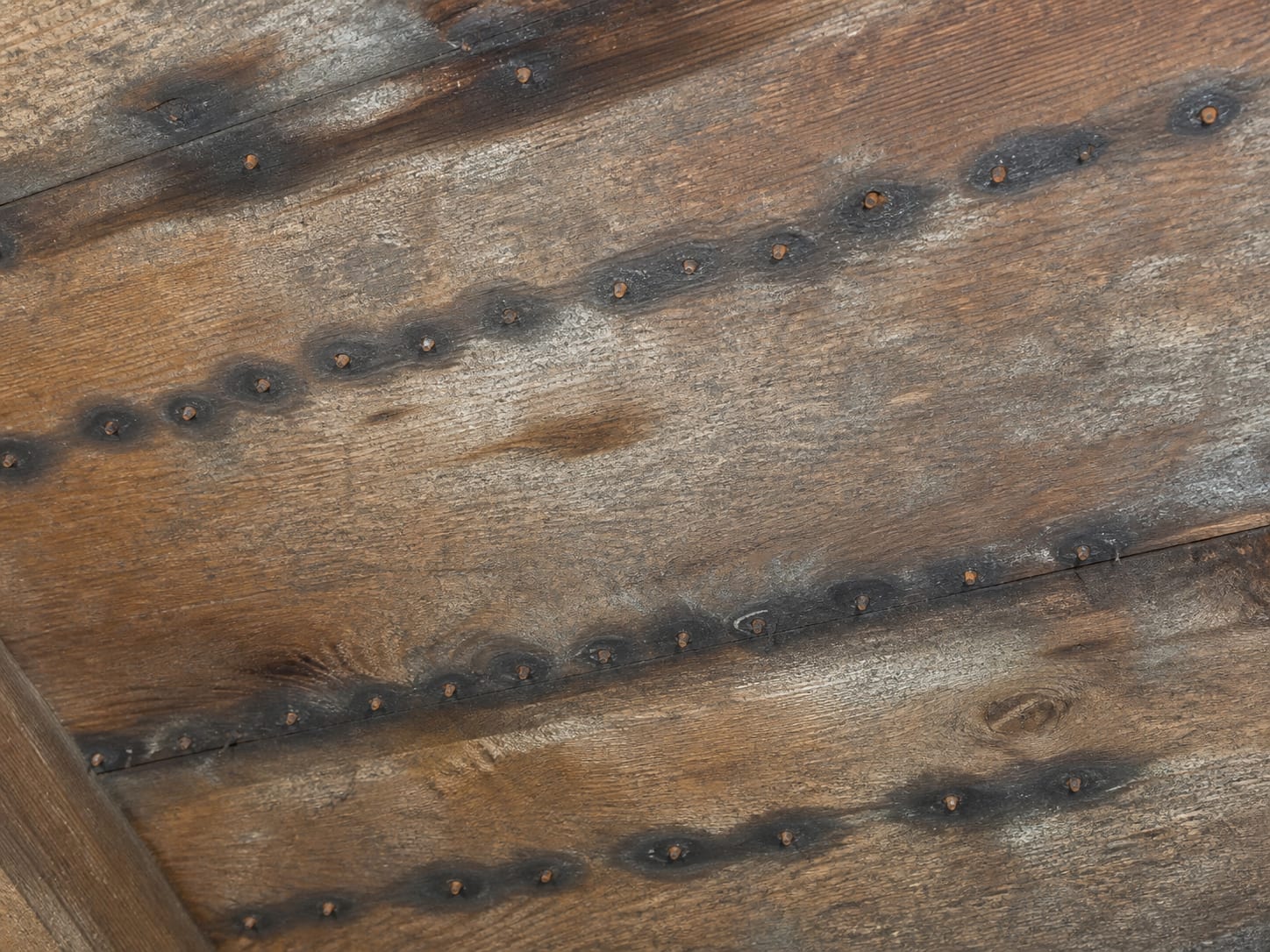A close view of the underside of roof sheathing where nail shanks protrude through the boards, each shank ringed by a dark grey halo in the timber and carrying light surface rust, the boards mottled between them, in an attic in Plainsboro, New Jersey