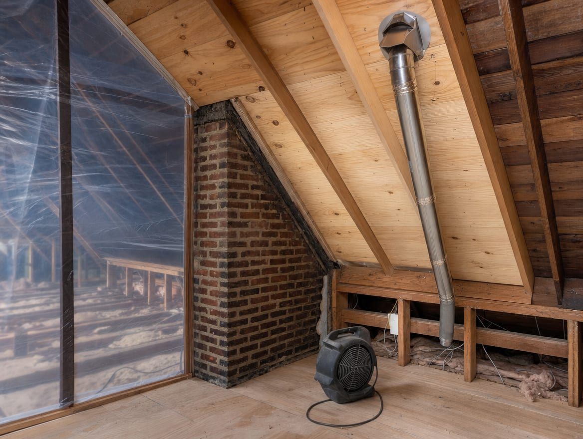 A Princeton Junction townhouse attic mid-remediation under containment, HEPA-cleaned sheathing near a party wall and the bathroom exhaust rerouted to a proper roof vent, drying equipment running