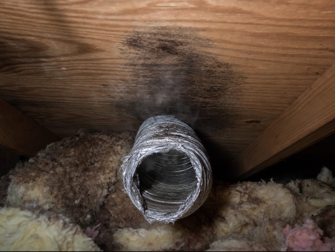 A close view of a disconnected bathroom exhaust duct venting into a Princeton Junction attic with dark mold blooming on the roof sheathing directly above the open end
