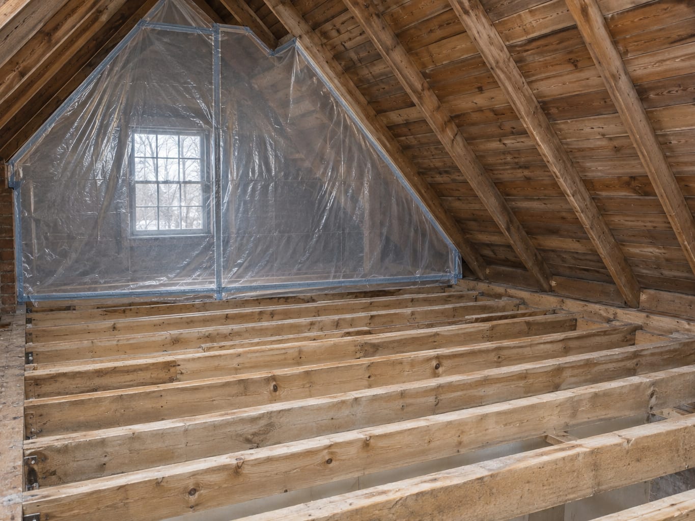 A cleaned attic with bare rafters and joists and a plastic containment barrier across one end, in an older Trenton, New Jersey house