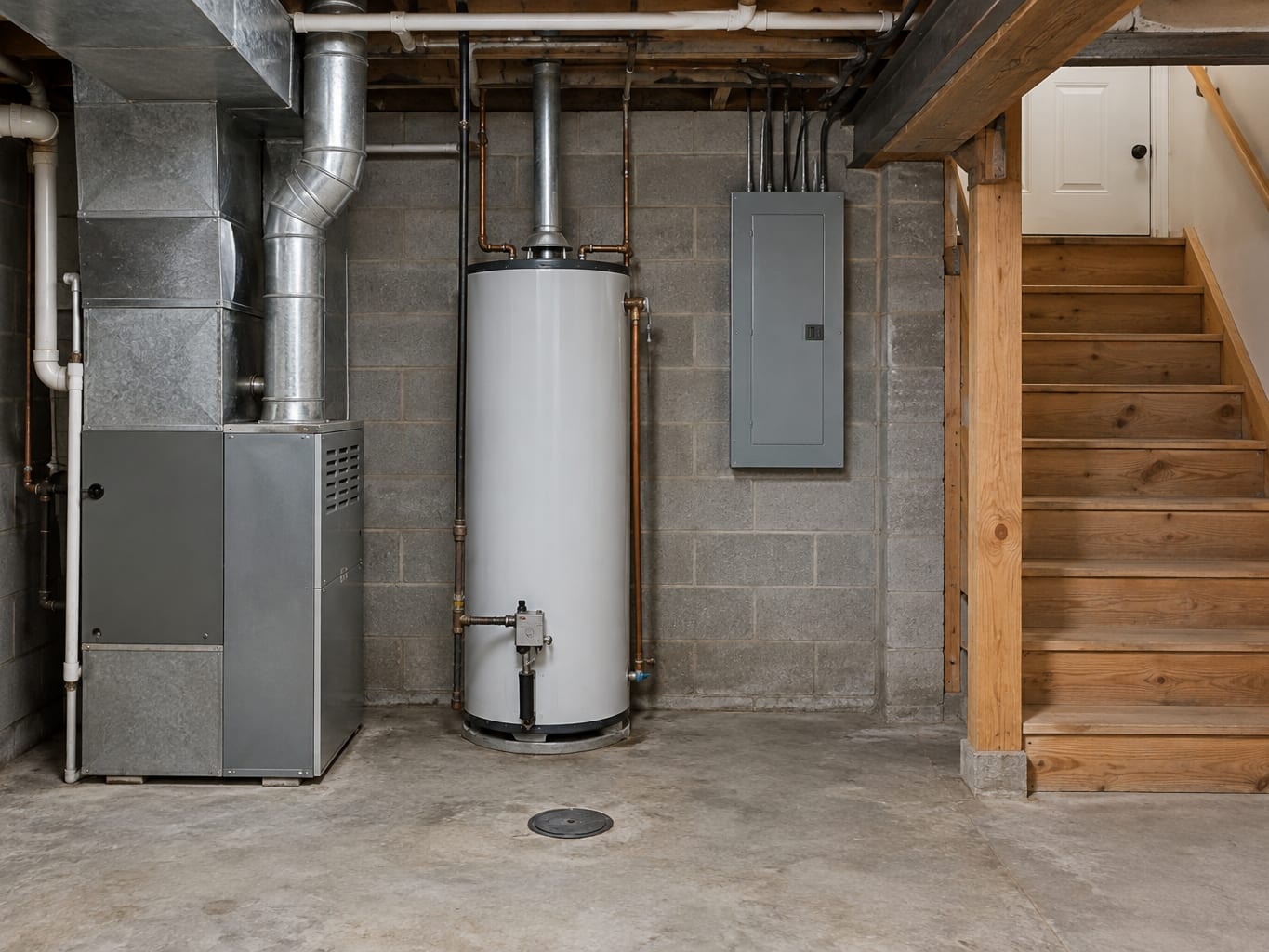 The mechanical corner of a Bridgewater, New Jersey basement with a furnace, water heater, closed electrical panel and a stair to the exit