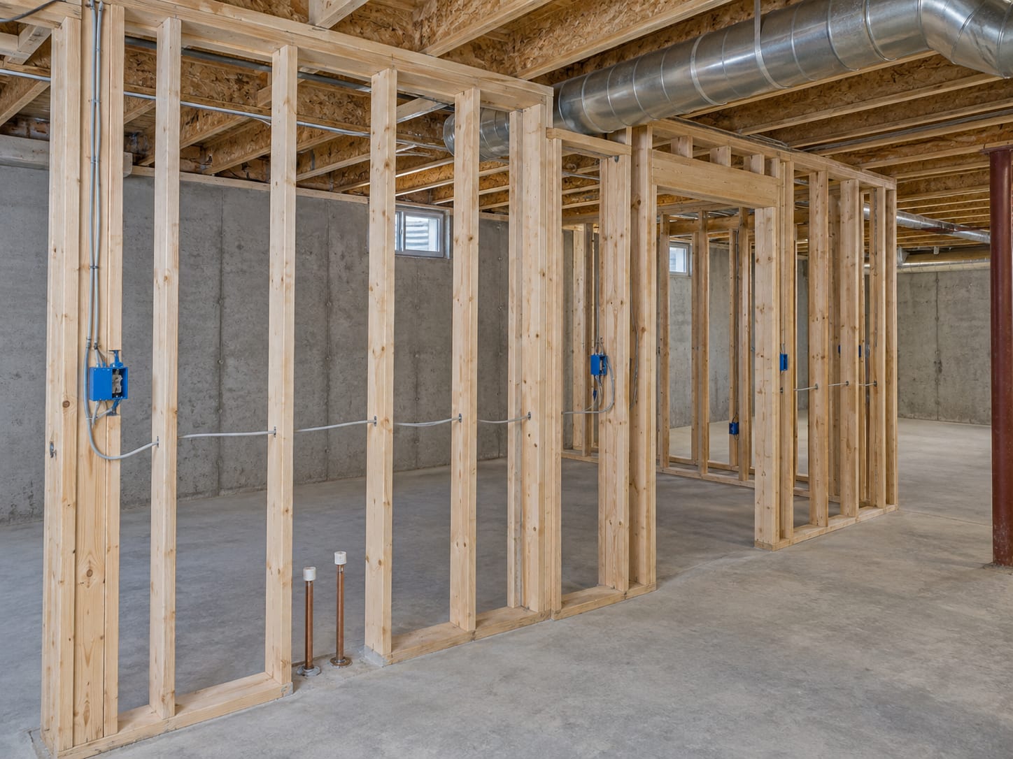 Basement in a Robbinsville, New Jersey house with new wood stud walls, electrical boxes with cable runs and copper plumbing stubs, all still uncovered