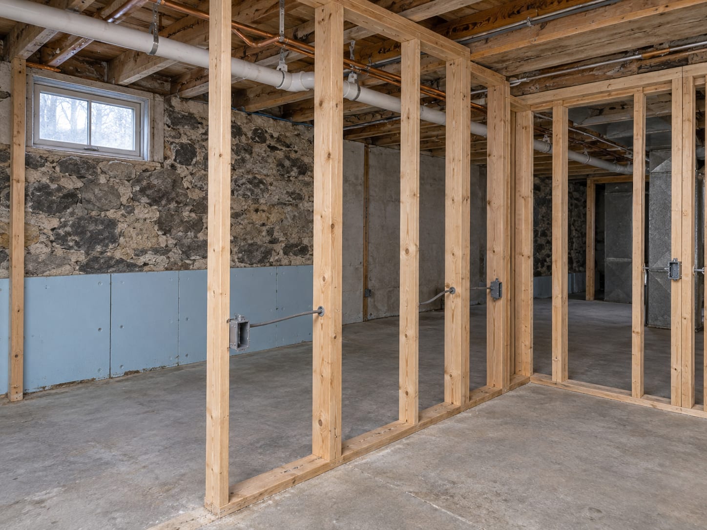 A basement in Trenton, New Jersey with framed partition walls, rough wiring and plumbing pipes exposed before insulation and drywall