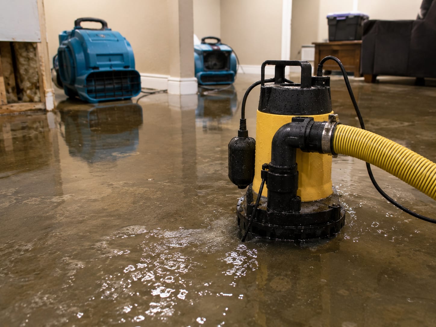 Submersible pump removing standing water from a flooded Princeton basement