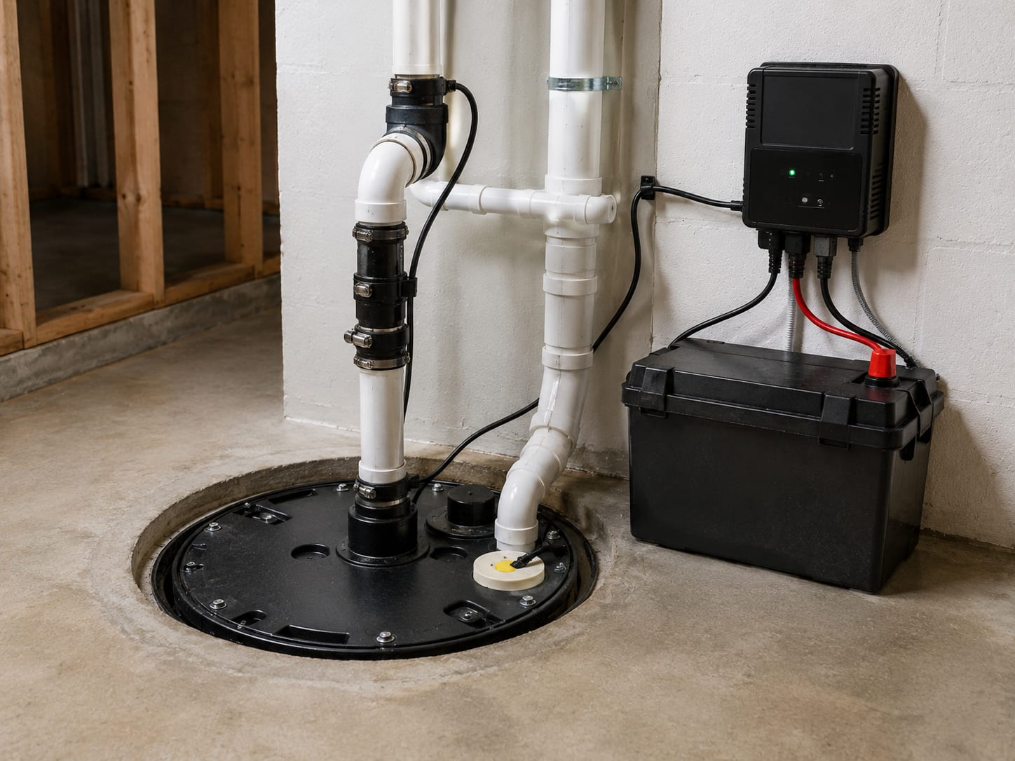 Sump pump with battery backup installed in a basement pit