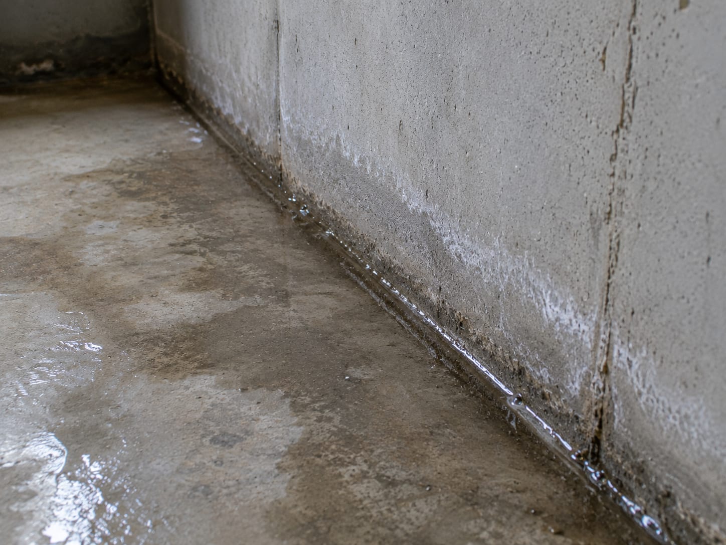 Saturated clay soil pressing groundwater through a basement floor-to-wall joint