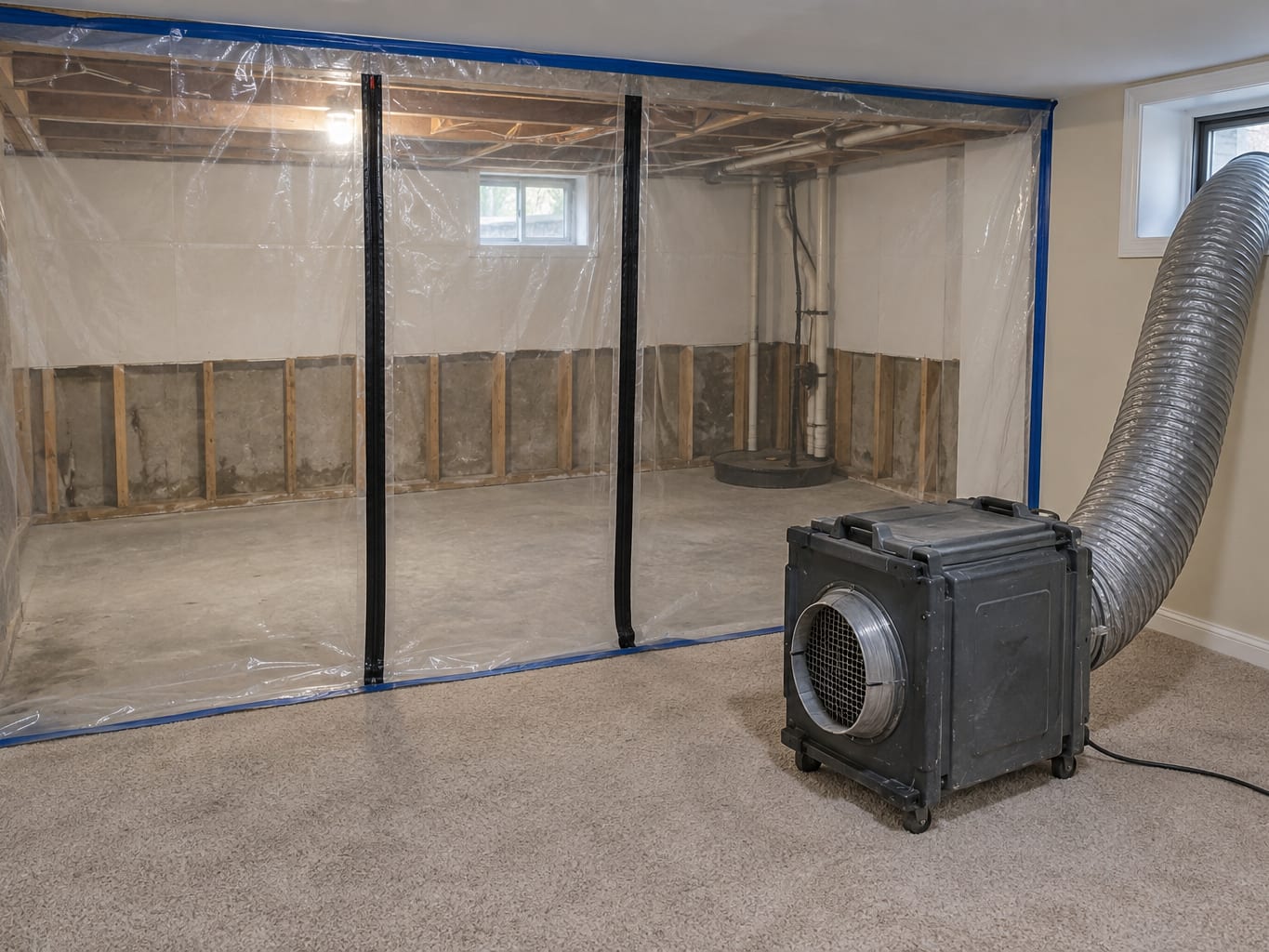 A polyethylene containment barrier across a doorway with a HEPA air scrubber running beside it in a basement in Bridgewater, New Jersey