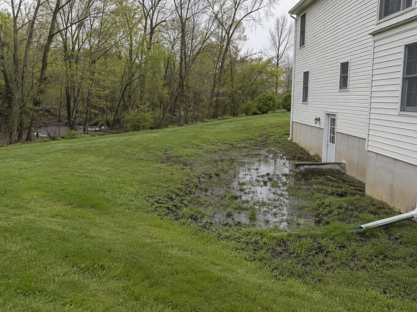 A low, wet grassy swale with standing water beside the foundation of a colonial house in Bridgewater, New Jersey