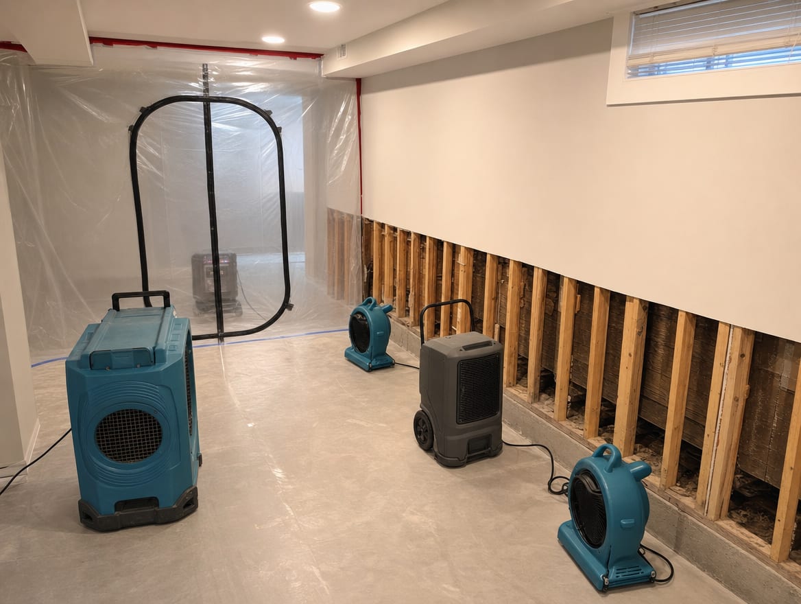 A sealed containment barrier and HEPA air scrubber in a Deal finished basement where the lower wall has been opened to bare framing with air movers and a dehumidifier drying the cavity