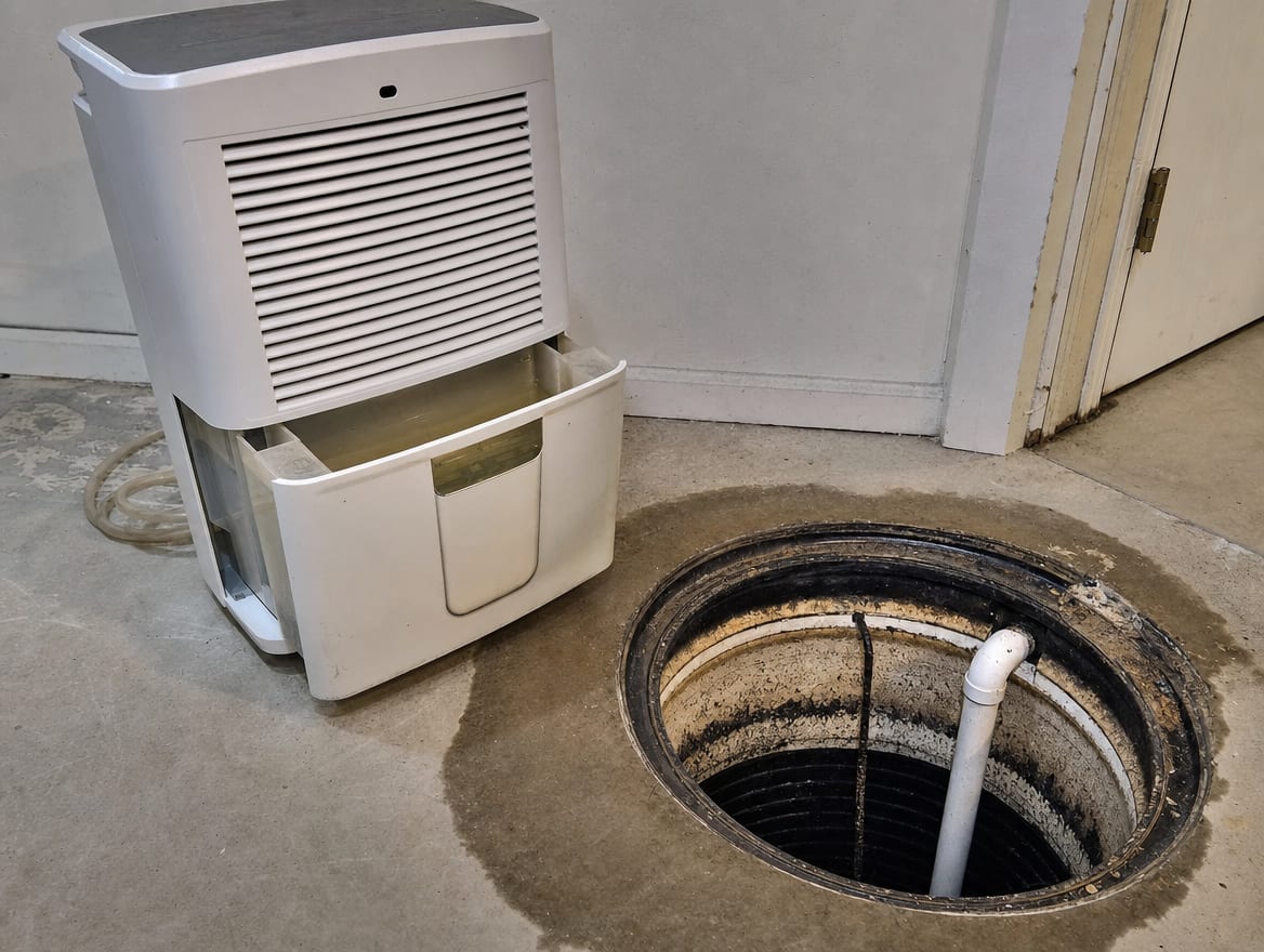 A close view of an idle, failed dehumidifier with a full bucket beside an open sump pit in a finished Deal basement, the quiet equipment failure behind hidden basement mold