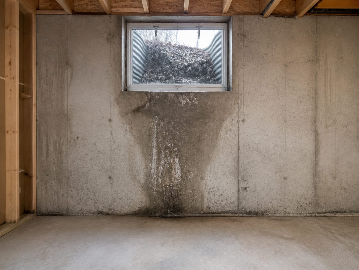 A below grade window seen from inside a stripped lower level, the corrugated well outside packed with leaves and settled soil above its drain, and a localized stain on the wall beneath the opening