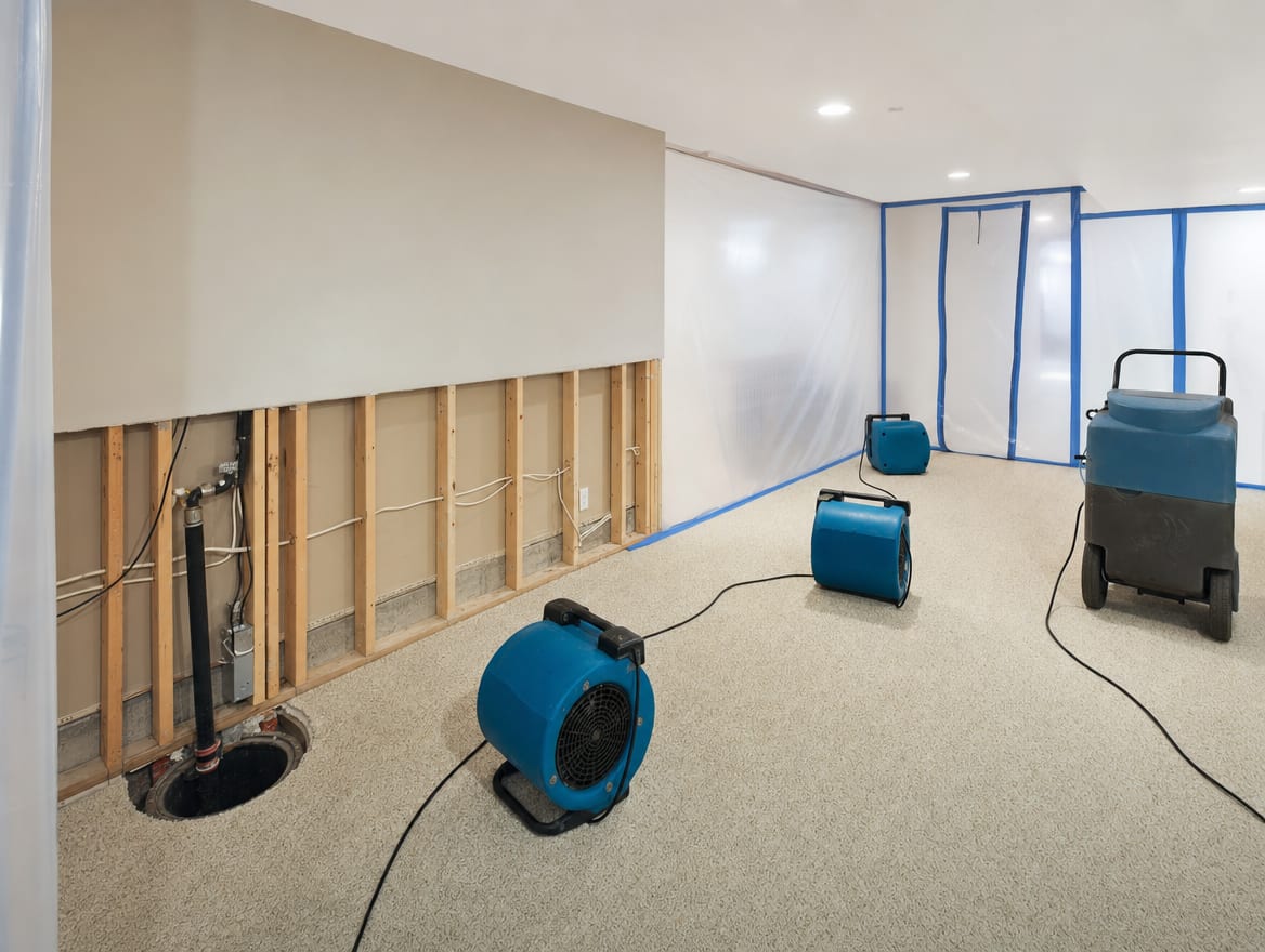 Air movers and a dehumidifier drying a Princeton Junction townhouse finished basement, flood-cut drywall exposing the framing near the sump area under HEPA-filtered containment