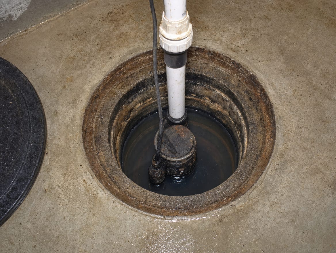 A close view of a residential sump pit with a failed idle pump and standing water inside, a discharge line and check valve above, in a Princeton Junction finished basement
