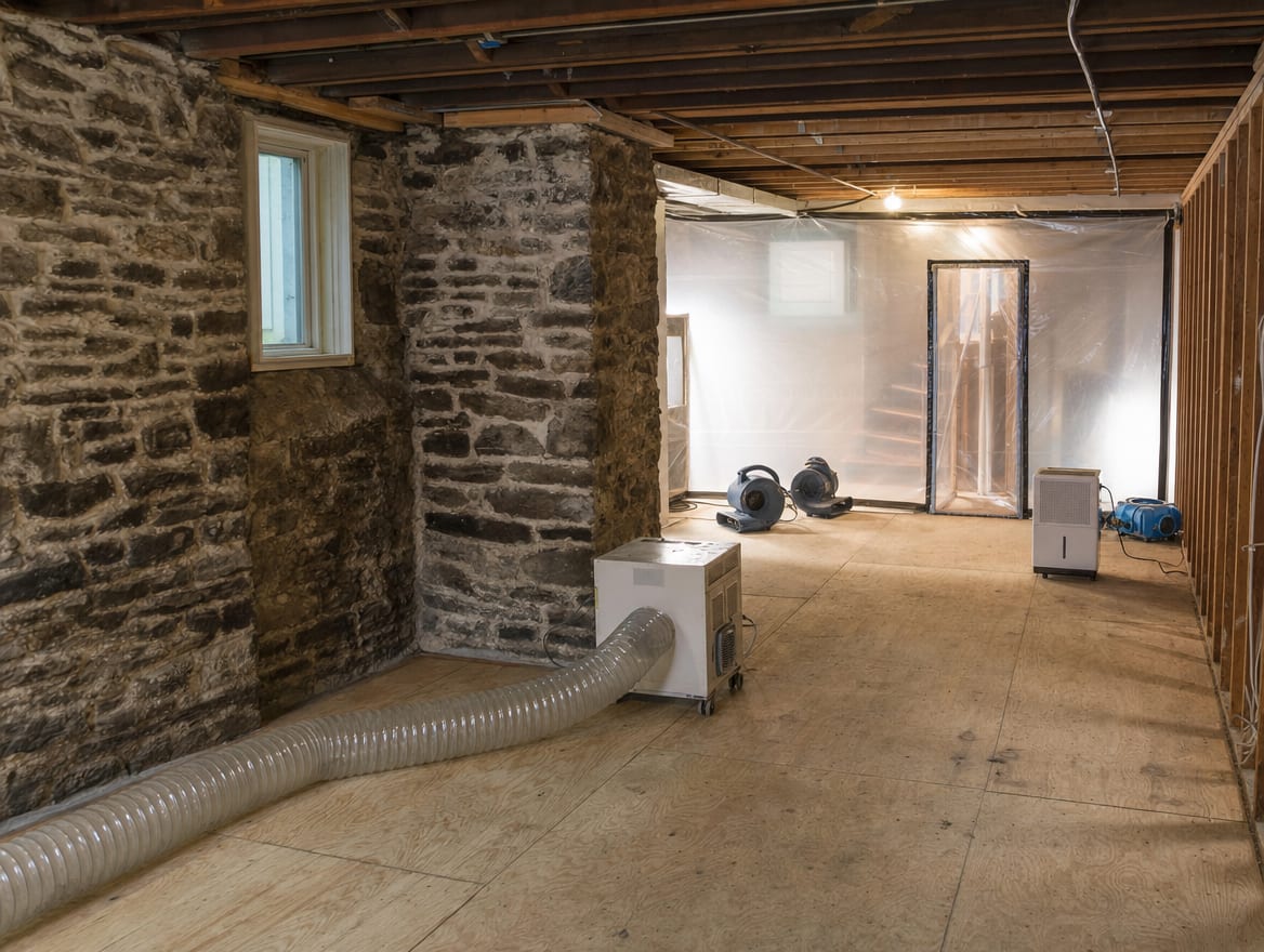 A sealed containment barrier and HEPA air scrubber in a historic Princeton basement where modern finishes have been selectively removed to preserve the sound stone foundation, drying equipment running