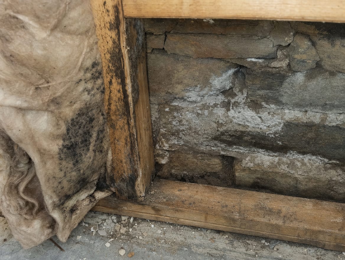 A close view of an old stone foundation exposed behind peeled-back modern framing and insulation in a Princeton basement, mold and efflorescence at the interface