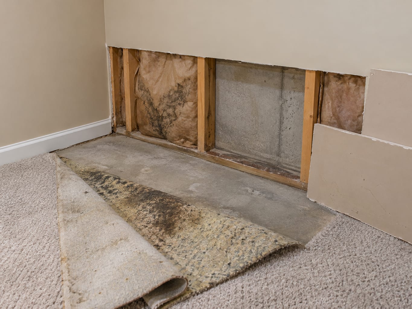 Finished basement room in a Robbinsville, New Jersey house with carpet folded back to show a damp pad, and a strip of lower drywall removed to show studs and insulation