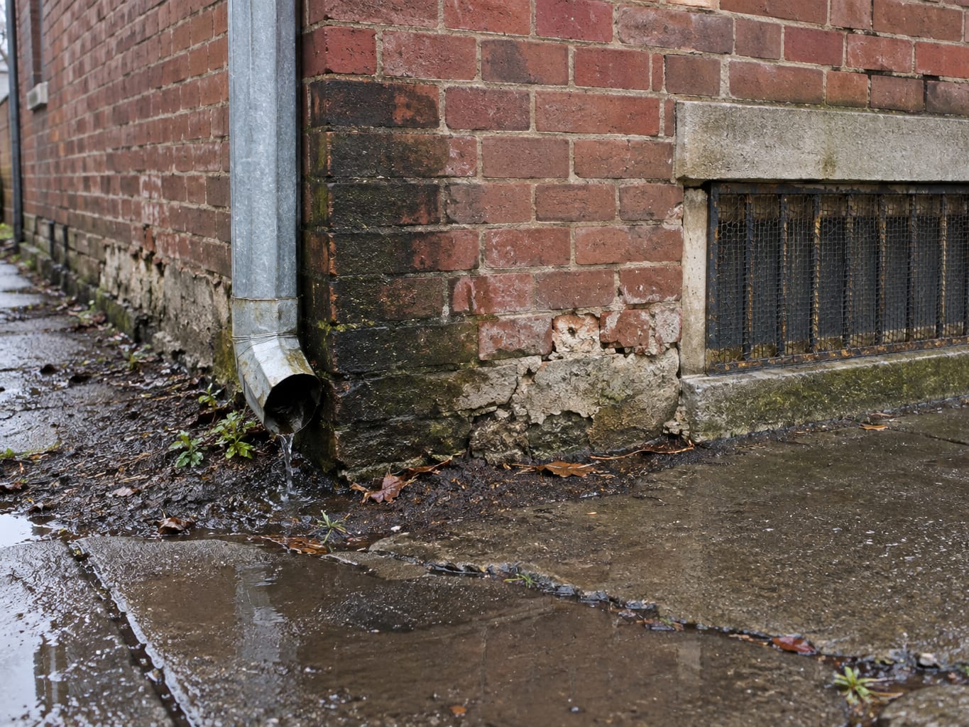 A downspout ending at a damp brick foundation with wet soil and a stained cellar window well beside an older rowhouse in Trenton, New Jersey