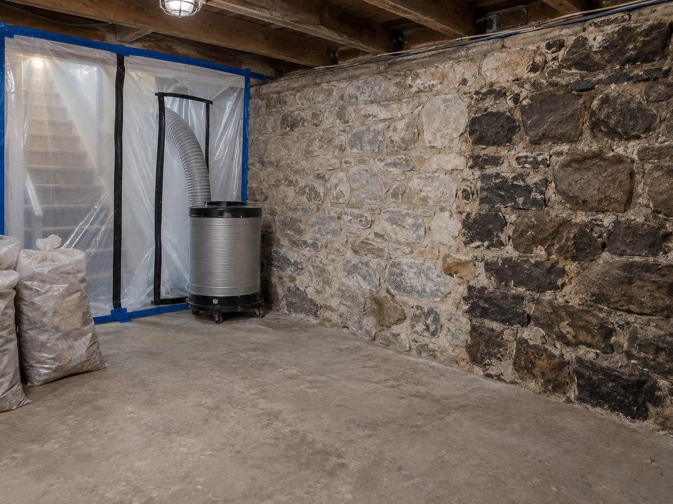 A sheeting containment partition and an air scrubber unit in a masonry cellar with half of the stone wall cleaned in Trenton, New Jersey