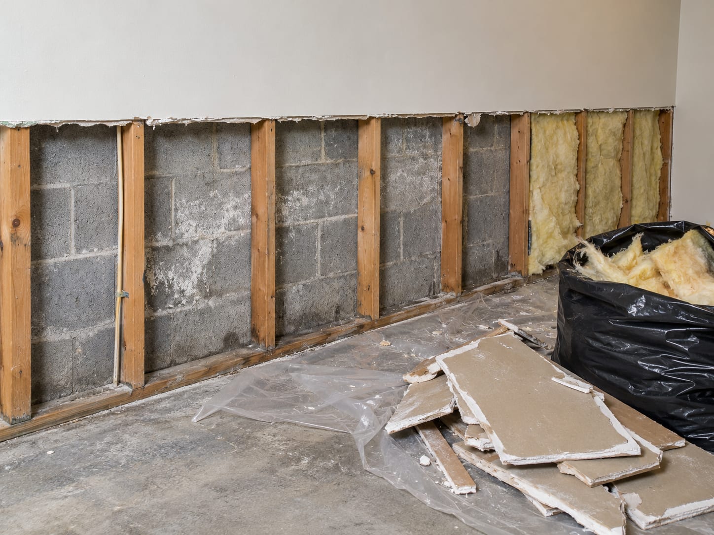 The lower wall of a New Jersey basement with moldy drywall cut away, exposing wood studs, removed insulation and a concrete block foundation wall behind