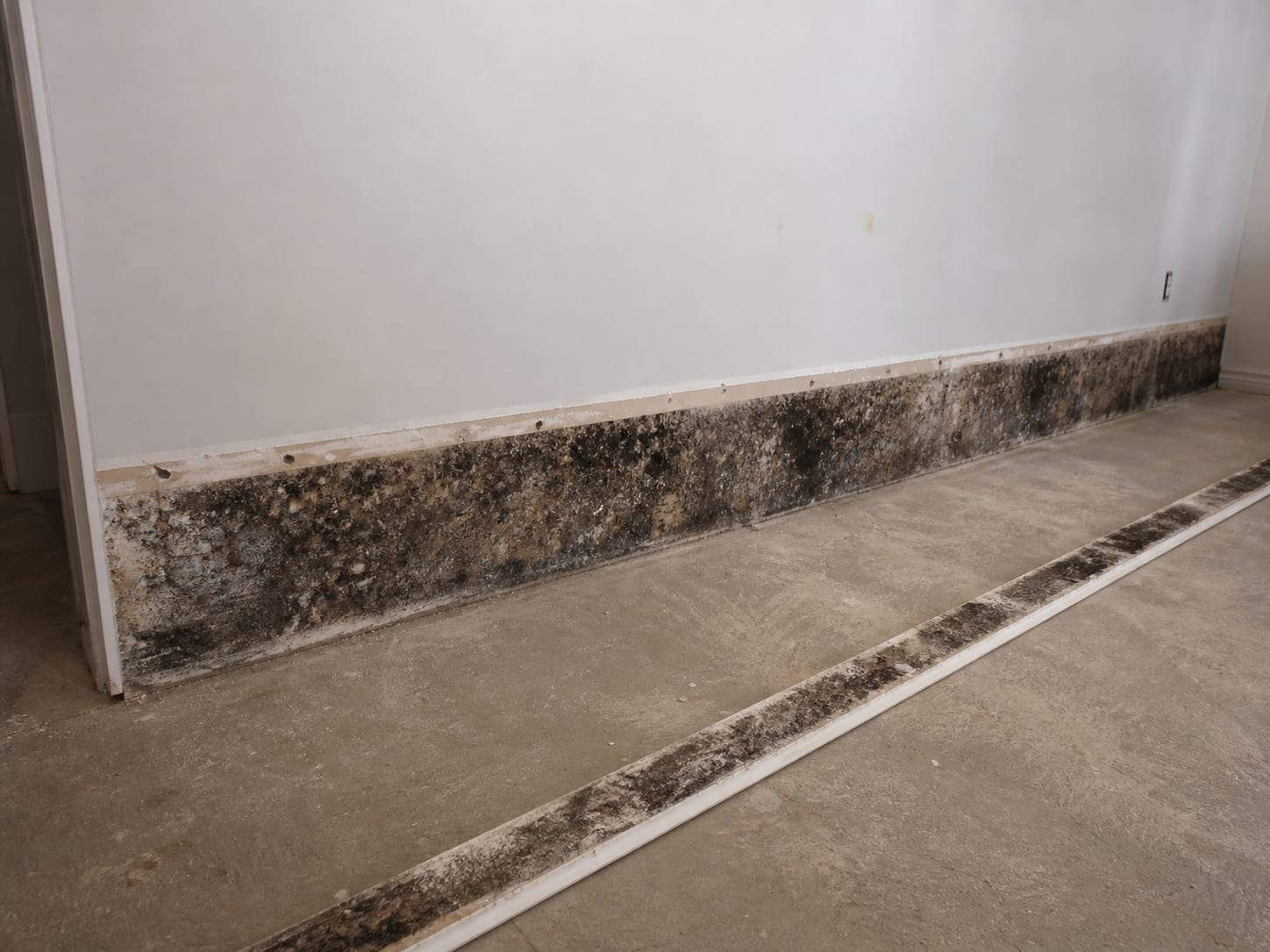 A length of baseboard removed from a wall, showing dense dark growth on the wall face that was hidden behind it and clean painted wall immediately above the trim line, in Alpine, New Jersey