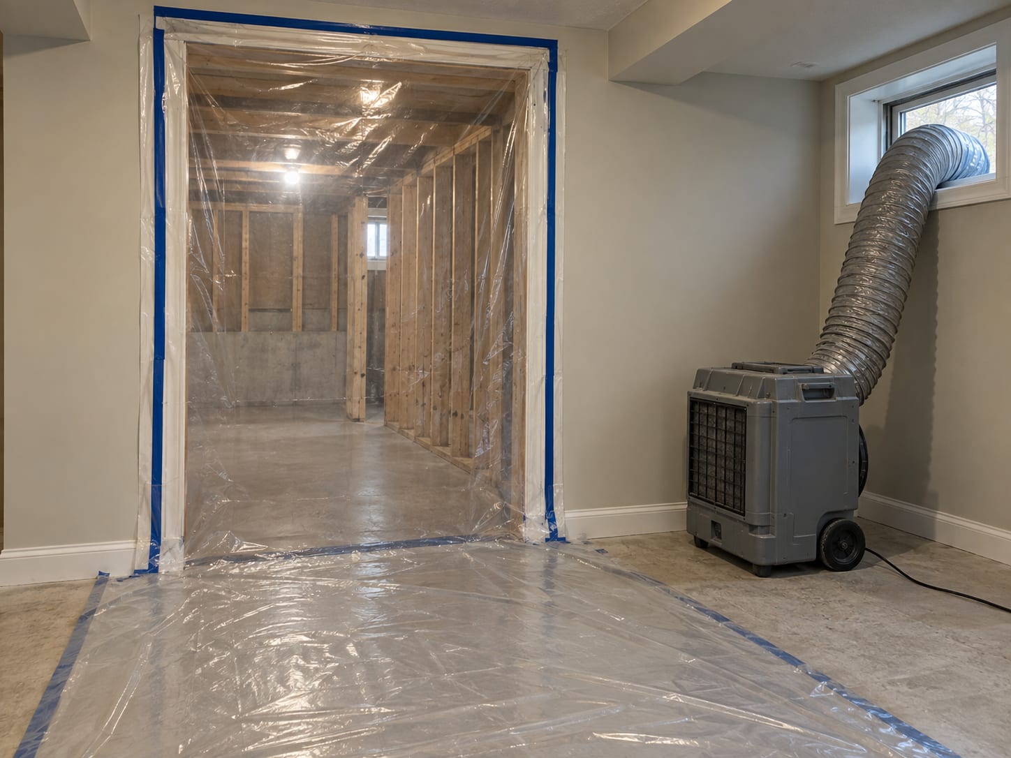 Basement room in a Bridgewater, New Jersey home sealed with taped plastic sheeting and a portable air scrubber venting through a ducted hose