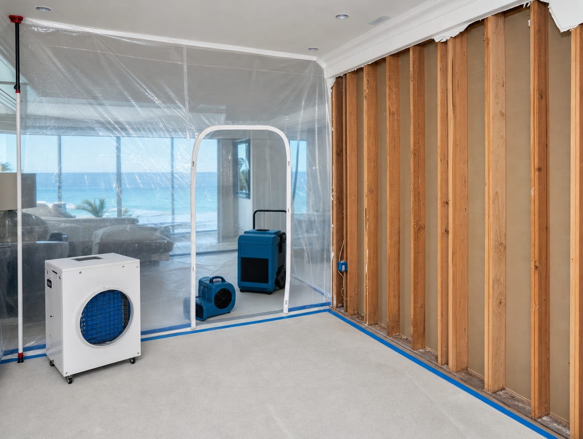 A sealed poly containment barrier and HEPA air scrubber in an upscale Deal home where affected drywall has been removed to bare framing for structural drying