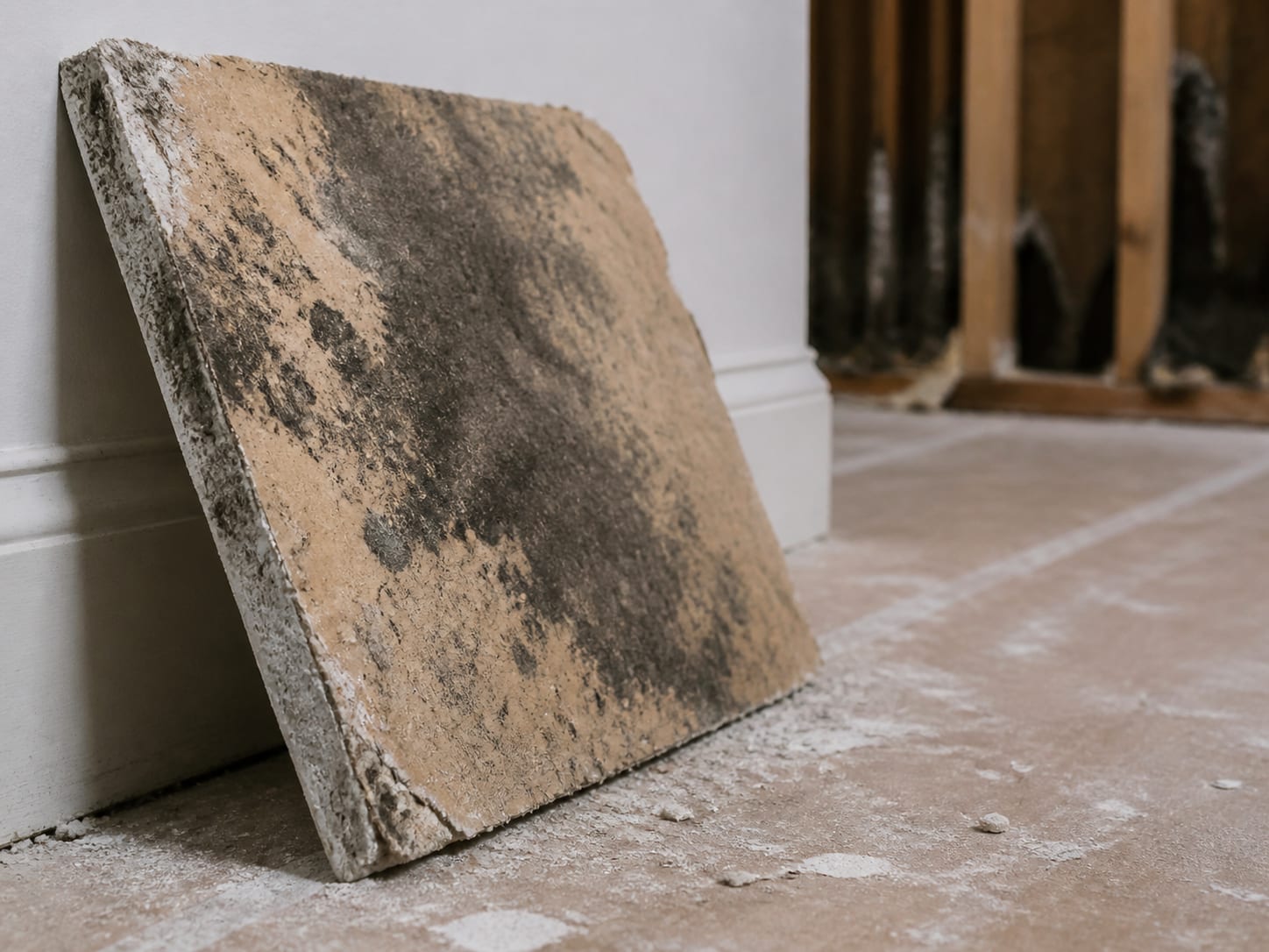 A close view of a removed section of gypsum board stood paper side out, dark growth spread across the paper facing and the cut edge crumbling where the core stayed wet
