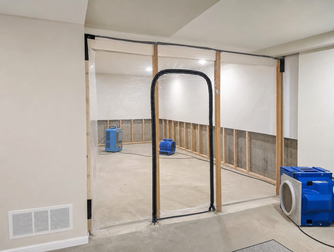 A poly containment barrier and HEPA air scrubber in a Princeton Junction townhouse basement where flood-cut drywall has exposed the framing along a shared foundation wall