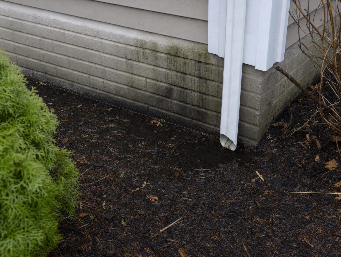 Standing water and poor grading against a shared townhouse foundation wall in Princeton Junction, a downspout discharging at the base, an association-controlled exterior drainage source