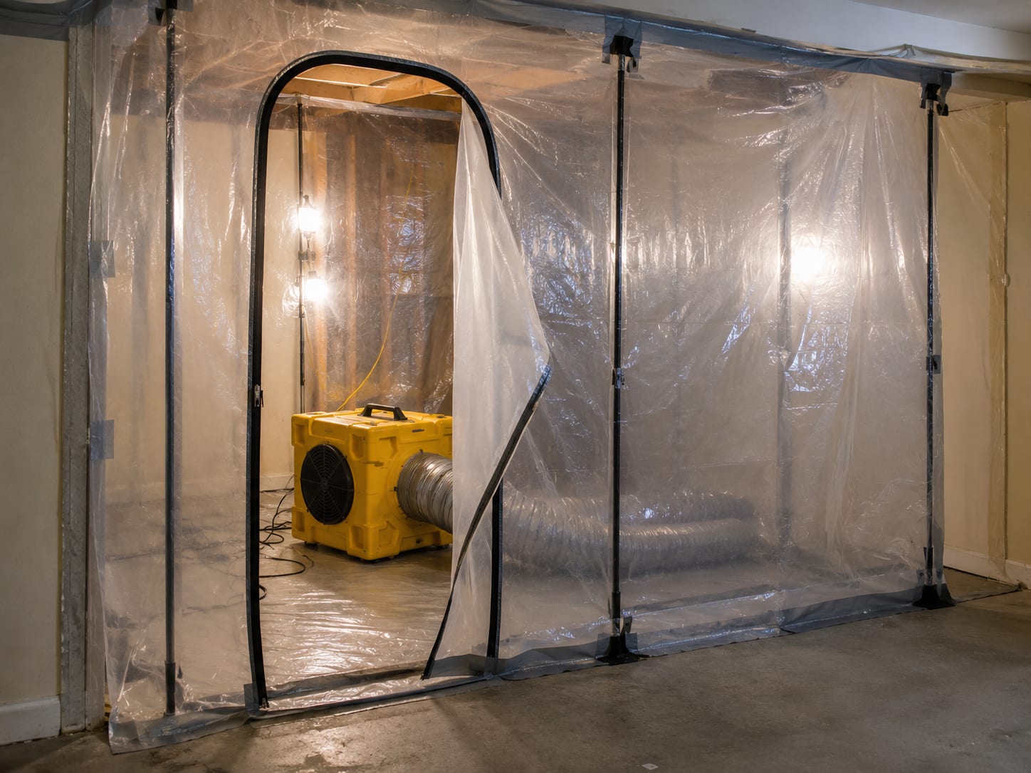 Containment barriers and a HEPA air scrubber set up in a mold remediation work area