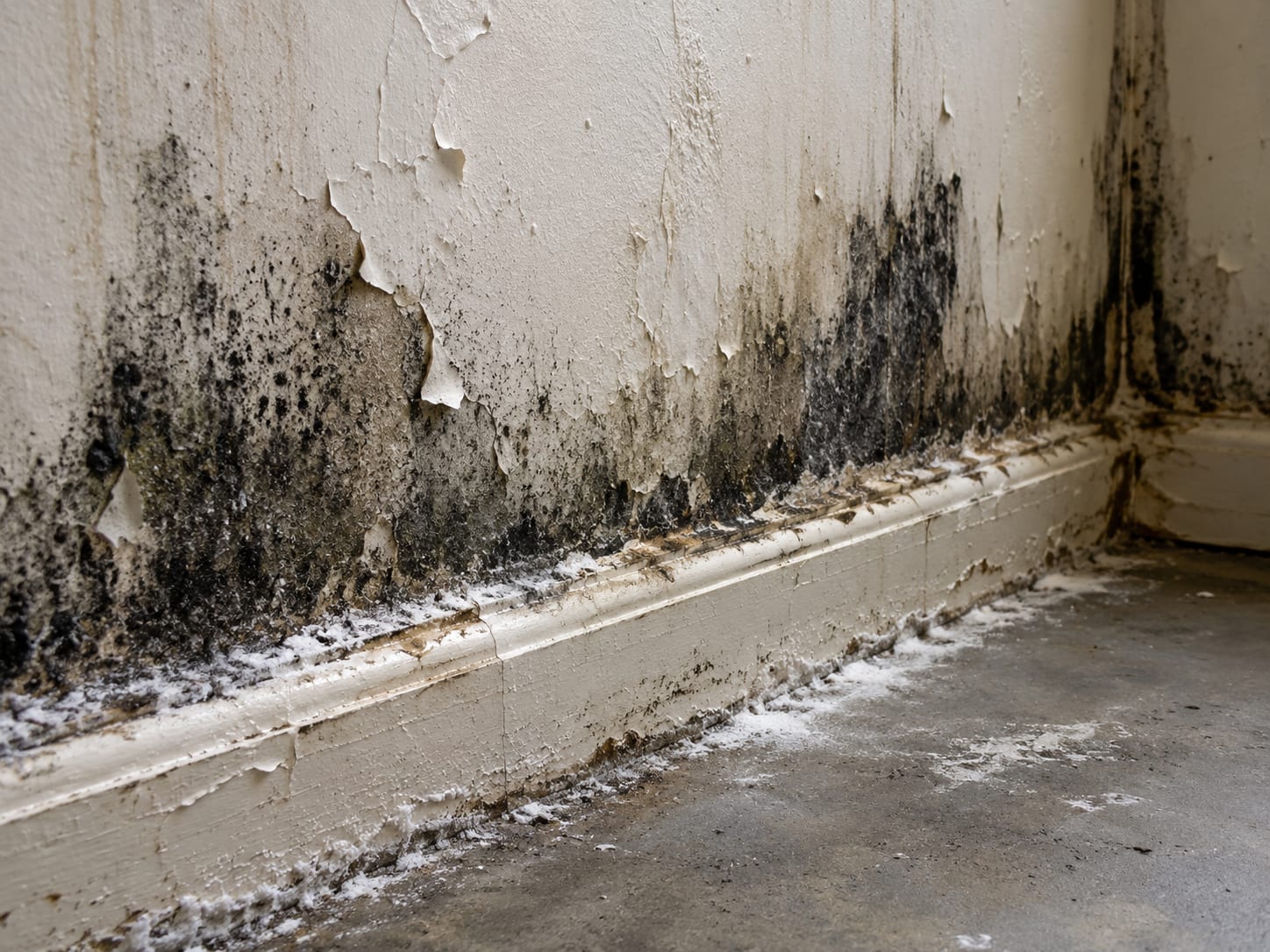 Dark black mold staining spreading along a Princeton basement wall and baseboard